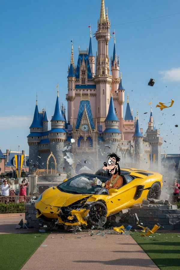 Goofy driving a damaged yellow sports car in front of a castle.