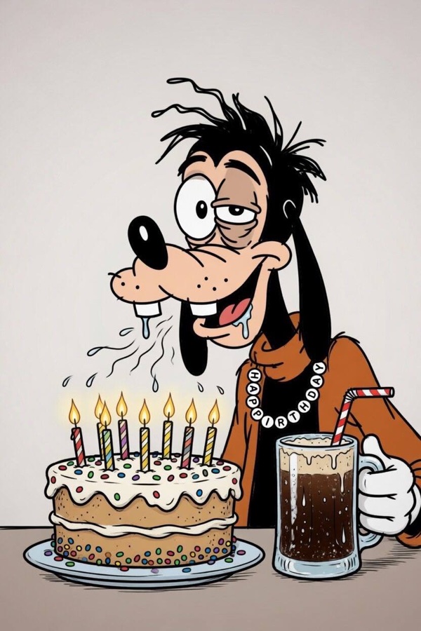 Goofy drooling over a birthday cake with candles and a drink.